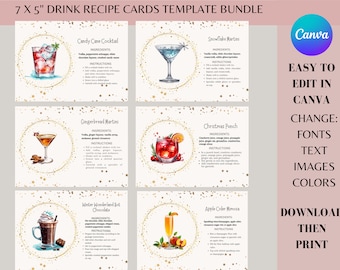 Christmas Drink Recipe Cards Template, Christmas Cocktail Recipe Cards, Editable Drink Recipe Cards, Christmas Gift Idea, Modern Recipe Card