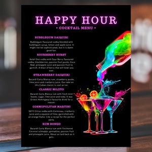 Enseigne de menu de bar néon, Enseigne de boissons exclusives, Carte de cocktails, Conception de menu de bar noir, Menu de bar modifiable, Enseigne de menu de bar Happy Hour, Modèle canva