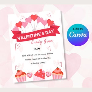 Valentine&#39;s Day Candy Gram Template, School Valentine&#39;s Day Editable Fundraiser Flyer, DIY Valentine Grams For Classmates, Friends & Family