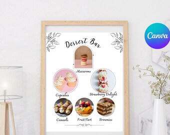 Szablon znaku menu baru deserowego, 8,5 x 11| 5 x 7 Zaprojektuj własny znak stacji baru deserowego, znak stołu ze słodkimi przysmakami, szablon w 100% edytowalny