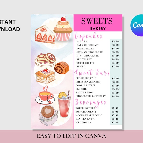 Bakery Menu Template, Dessert Menu Template, Sweet Treats Pricelist Sheet, Cupcake Fudge Brownie Bakery Menu Sheet, Easy Edit Price Menu