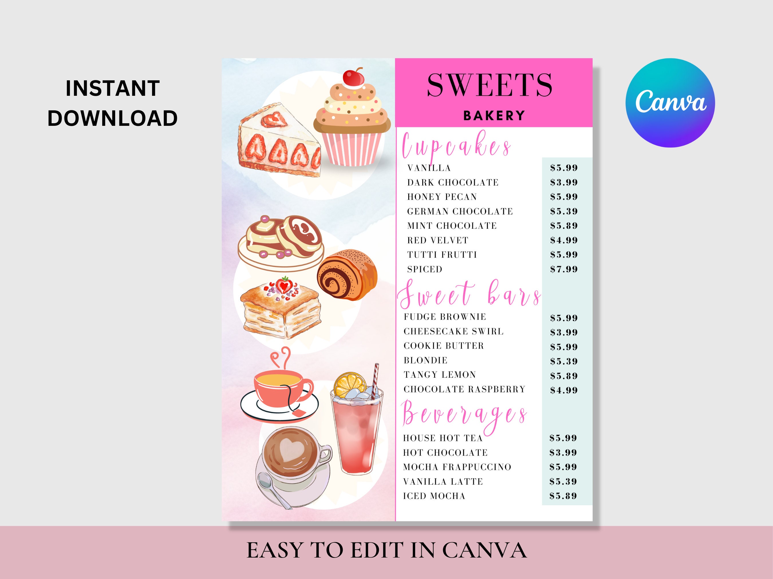 Bakery Menu Template, Dessert Menu Template, Sweet Treats Pricelist
