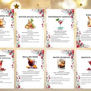 Modello di schede di ricette per bevande natalizie, schede di ricette per cocktail natalizi, scheda di ricette stampabile, schede di ricette fai da te, elenco degli ingredienti delle bevande per le feste