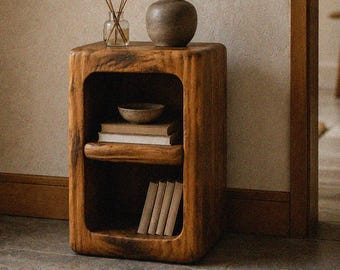 Driftwood Bedside Table – Rustic Wabi Sabi Nightstand with Storage