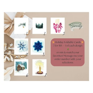 May include: A collection of seven holiday foldable cards with watercolor designs. The cards feature images of a pine branch, evergreen trees, ballet slippers, snowflakes, a house in the snow, and a lit candle. The text on the image says "Holiday Foldable Cards".