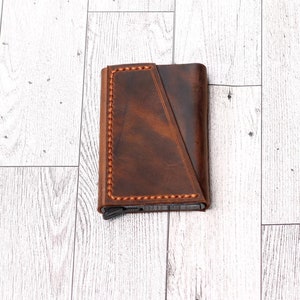 Tarjetero de cuero genuino hecho a mano personalizado, tarjetero de cuero, billetera mecánica emergente para tarjetas, billetera mágica delgada