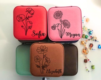 Custom Birth Flower Leather Jewelry Box, Travel Jewelry Organizer,  Personalized Gift for Women, Personalized Mothers Day Gift,