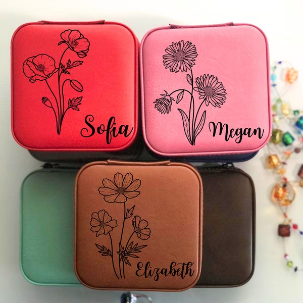 Custom Birth Flower Leather Jewelry Box, Travel Jewelry Organizer,  Personalized Gift for Women, Personalized Mothers Day Gift,
