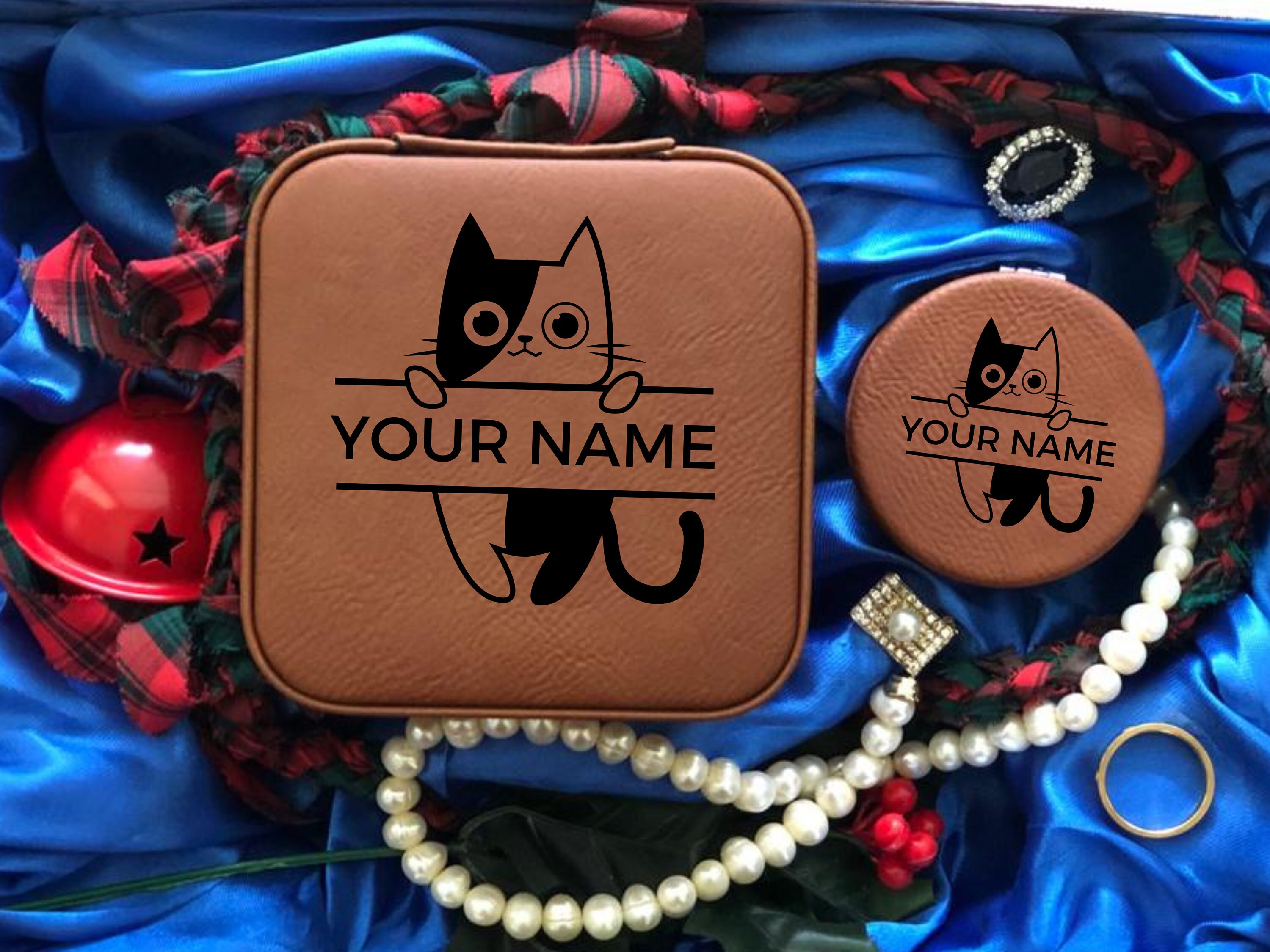 Custom Cat Lover Leather Jewelry Box and Leather Compact Mirror,…