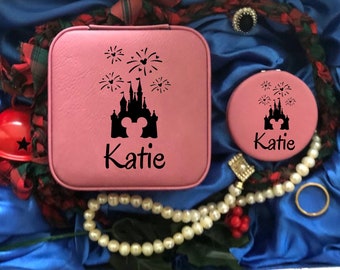 Custom Leather Jewelry Box and Leather Compact Mirror, Disney Inspired Jewelry Organizer, Personalized Jewelry Case, Personalized  Xmas Gift