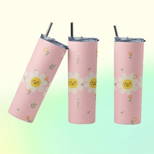 Smiley Face fleur gobelet PNG droite Wrap Design - téléchargement numérique - printemps été eau tasse - feuilles roses fleurs sauvages