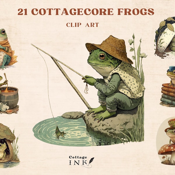 Cottagecore Frog Clipart Bundle, Vintage Toad On Mushroom Cliparts, Goblincore PNG Digital Download For Junk Journal, Scrapbook, Sticker Mug