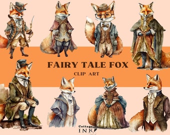 Fairy Tale Fox Clipart Bundle, Watercolor Vintage Fox Clipart, Victorian Foxes Royal King Queen Prince PNG Digital For Journal Scrapbook DIY