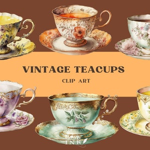 Acquerello Vintage Teacup Clipart, Victorian Tea Time PNG Digital, Antique Tea Cups Instant Download per Junk Journal Card Scrapbook Paper
