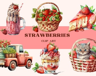 Watercolour Strawberries Clipart, Strawberry Basket PNG Digital, Strawberry Desserts Cake Instant Downloads For Junk Journal Scrapbook Paper