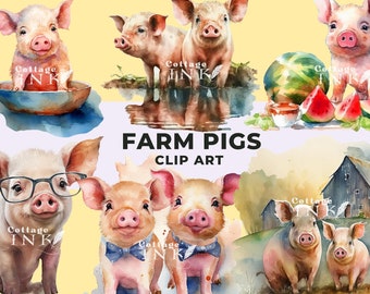 Watercolour Farm Pigs Clipart Bundle, Baby Piglet Clipart, Cute Baby Pig In Glasses  PNG, Country Animal Instant Download For Commercial Use