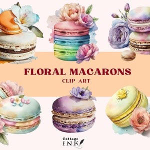 Floral Macarons Clipart Bundle, Watercolor Macarons Cliparts, Desserts Flowers PNG, Vintage Bakery Clipart Digital For JunkJournal Stickers