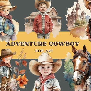 Aquarel Cowboy Baby Clipart, Adventure Cowboy Cliparts, Wild West Cute Boys PNG, Cute Vintage Little Cowboys Instant Download voor kaarten