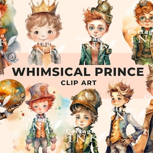 Aquarel Little Prince Clipart Bundle, Grillige Fairytale Cliparts, Fantasy Clipart, Vintage Storybook Cute Boys PNG voor commercieel gebruik