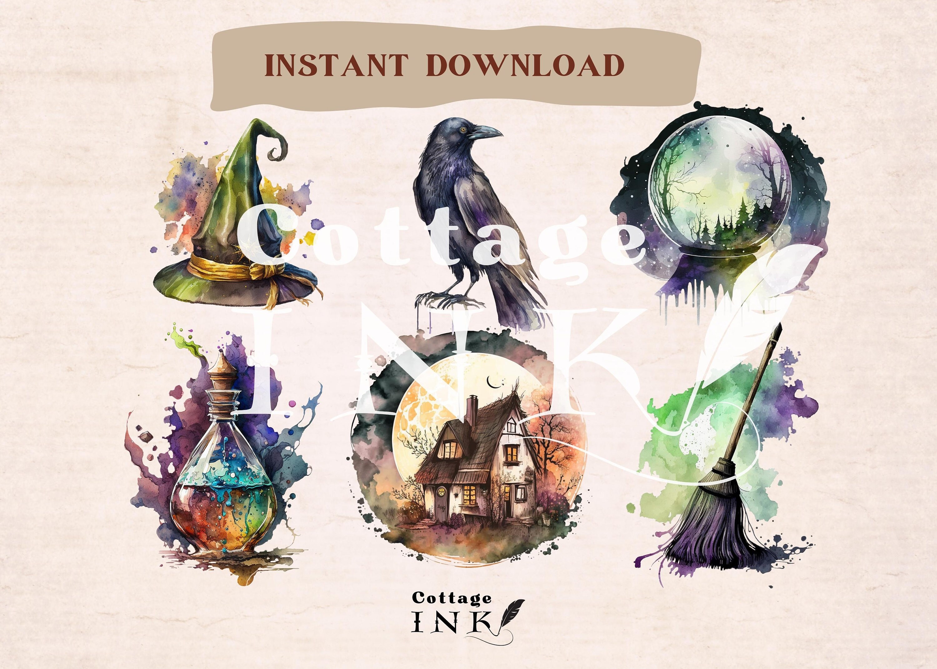 Watercolor Witch Clipart, Dark Witchy Clipart, Gothic Witch Broom PNG ...