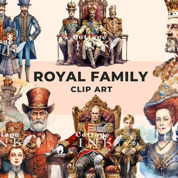 Royal Family Clipart Bundle, Watercolor Victorian King Queen Cliparts, Fantasy Clipart, Vintage Prince Princess PNG Digital For Junk Journal