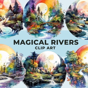 Watercolour Magical River Clipart Bundle, Mountain River Clipart, Landscape PNG, Nature Hiking Camping Instant Downloads for Commercial Use
