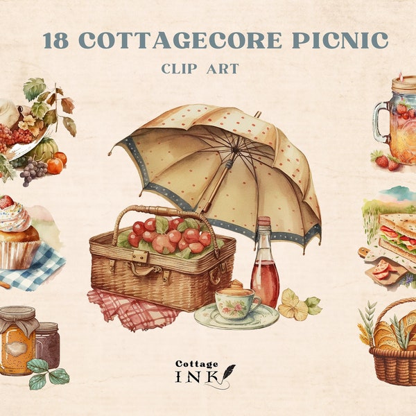 Cottagecore Picnic Clipart Bundle, Watercolor Picnic Basket Clip Art, Vintage Picnic PNG Download, Digital Watercolor, Fruits Bakery Clipart