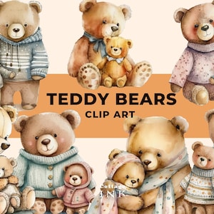 Aquarel teddyberen clipart bundel, schattige baby beer Mama Bear clipart, papa Bear PNG, baby douche kwekerij clipart, kawaii teddybeer liefde