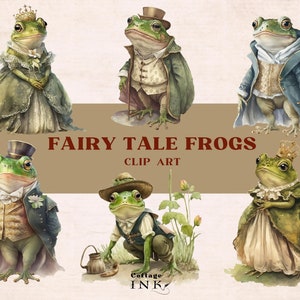 Fairy Tale Frog Clipart Bundle, Watercolor Vintage Frog Clipart, Victorian Frog King Queen Prince PNG Digital For Junk Journal Scrapbook DIY