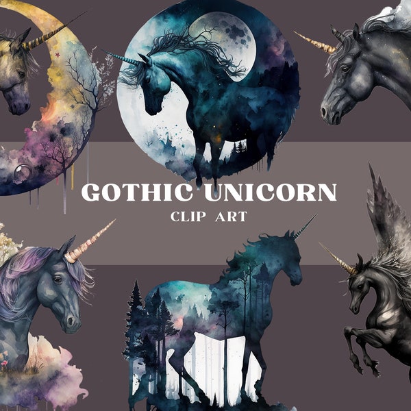 Watercolour Mystical Unicorn Clipart Bundle, Gothic Black Unicorns PNG, Dark Academia Clipart, Fantasy Clipart, Wiccan PNG, Occult Pagan