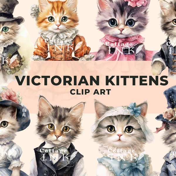 Watercolour Victorian Kitten Clipart Bundle, Cute Vintage Cat PNG, Cute Fairy Tale Cats In Dresses, PNG, Fantasy Clipart For Commercial Use