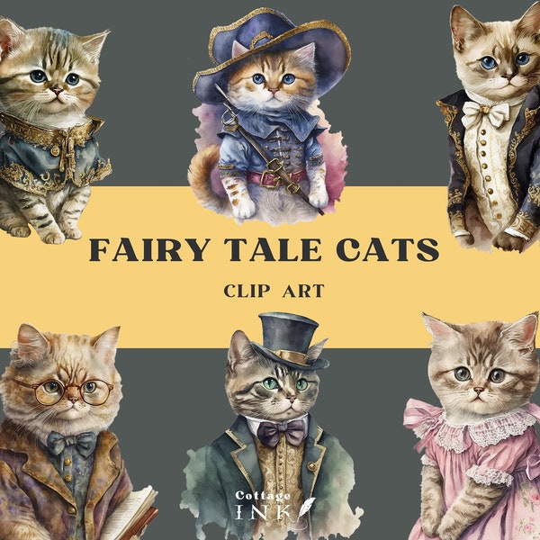 Fairy Tale Cat Clipart Bundle, Watercolor Vintage Kitten Clipart, Royal Victorian Cat King Queen, Fantasy Cats PNG For Journal Scrapbook