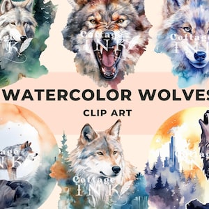 Watercolor Wolves Clipart Bundle, Forest Animal, Celestial Wolf, Mystical Wolves, Moons, Fantasy Clipart Instant Download for Commercial Use