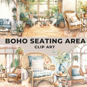 Watercolor Boho Seating Area Clipart, Cozy Reading Nook PNG, Tea Drinking Nook Bundle, Reading Corner Instant Download For Commercial Use