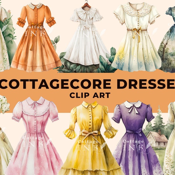 Cottagecore Dresses Clipart Bundle, Watercolor Sundress Cliparts, Floral Ruffle Dress Clothes PNG Instant Download For Scrapbook Journaling