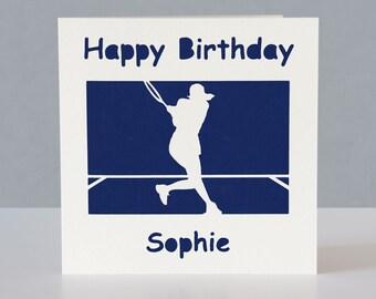 Carte d'anniversaire de tennis personnalisée pour fan de tennis féminin - Carte de voeux de tennis en papier découpé
