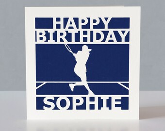 Carte d'anniversaire de tennis personnalisée pour fan de tennis féminin - Carte de voeux découpée en papier