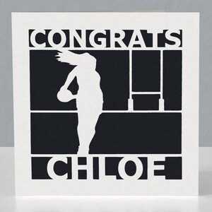 Personalised women's rugby congratulations (congrats) card - Papercut design