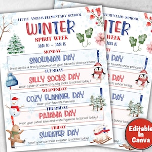 Customizable Winter School Spirit Week Flyer, PTO Schedule, December Itinerary, Xmas PTA, Editable in Canva, Christmas Newsletter,  Events