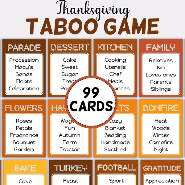 Thanksgiving Taboo game, Fall Autumn words card game, family reunion game night, classroom activities for thanksgiving, school icebreak TH02