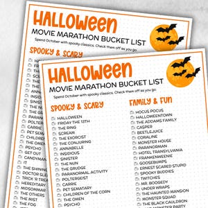 Op de afbeelding: Twee afdrukbare Halloween Movie Marathon Bucket List. De lijsten zijn oranje en wit met een vleermuis- en maangrafiek. De lijsten zijn verdeeld in de categorieën "Spooky & Scary" en "Family & Fun", met filmtitels.