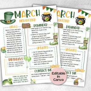 March St. Patricks Day Classroom Newsletter, Daycare Newsletter, Newsletter Template, Canva Template School Newsletter, Parent Communication