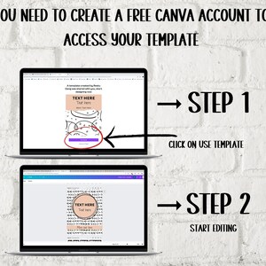 May include: Two screenshots of a laptop screen showing how to use a Canva template. The first screenshot shows a Canva template with a button that says "Use Template". The second screenshot shows the template being edited. The text on the image says "You need to create a free Canva account to access your template. Step 1: Click on Use Template. Step 2: Start Editing."