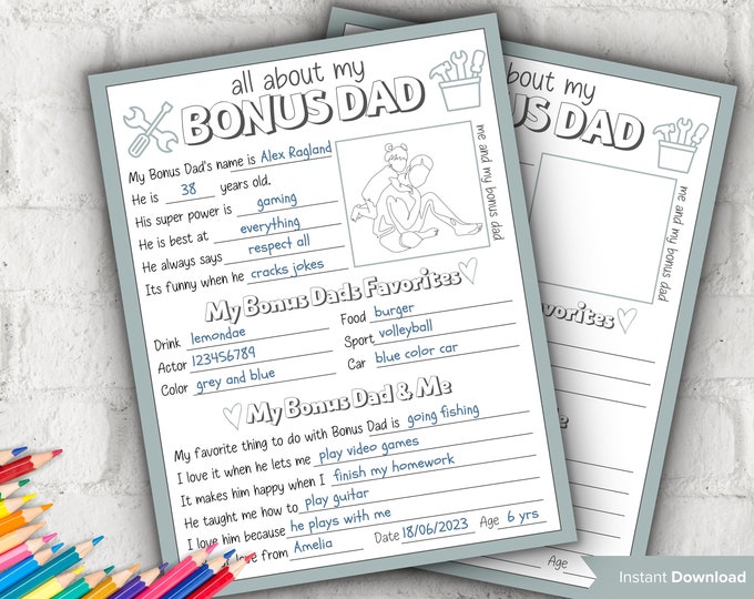 All About My Bonus Dad - Father's Day Questionnaire - Survey ...