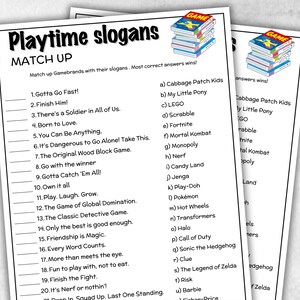May include: Two white sheets of paper feature the game "Playtime Slogans", challenging players to match game brands with slogans. The game includes lists of slogans and brands. The top of the sheets have a graphic of books. The text is in black.