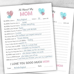 Cadeau pour maman d'un enfant, questionnaire imprimable « Tout sur ma mère », cadeau souvenir de la fête des mères, feuille à compléter par les enfants, activité préscolaire