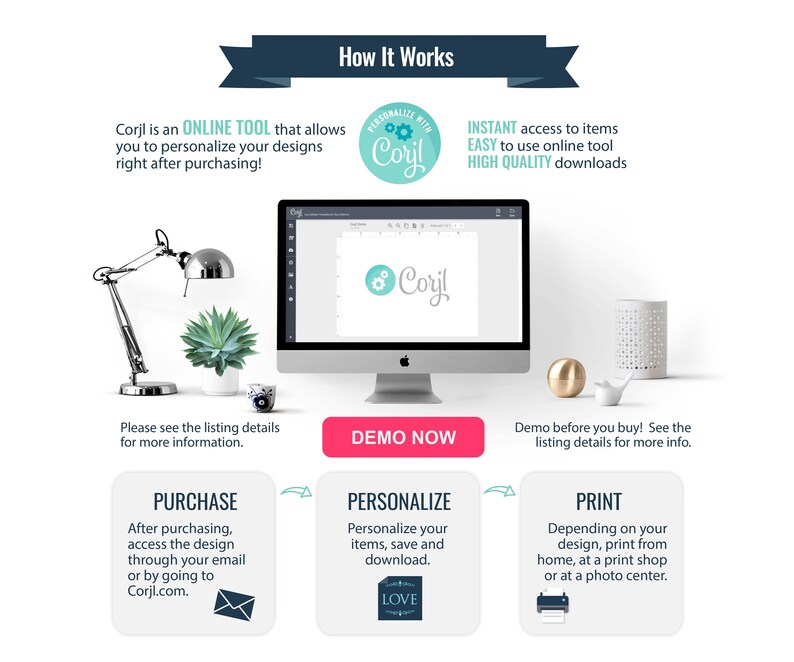 May include: How Corjl works: an online tool that allows you to personalize your designs after purchasing.  The image shows a computer screen with the Corjl logo, a lamp, a plant, and a decorative object.  The steps are: purchase, personalize, and print.
