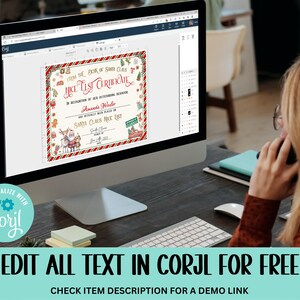May include: A digital design template for a "Nice List Certificate" from Santa Claus. The certificate features a red and white striped border with a festive Christmas design. The text on the certificate reads "From the Desk of Santa Claus Nice List Certificate" and "Santa Claus Nice List".