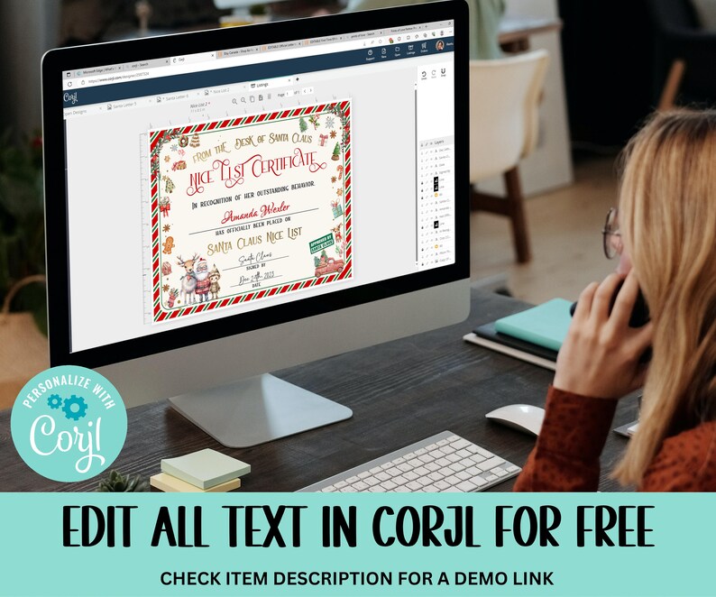 May include: A digital design template for a "Nice List Certificate" from Santa Claus. The certificate features a red and white striped border with a festive Christmas design. The text on the certificate reads "From the Desk of Santa Claus Nice List Certificate" and "Santa Claus Nice List".
