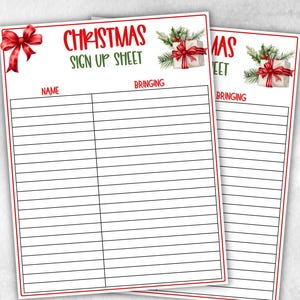 Może przedstawiać: Drukowana lista rejestracyjna na Boże Narodzenie z czerwoną kokardką i zieloną gałązką sosny z czerwono-białym pudełkiem na prezent. Arkusz ma dwie kolumny z etykietami "Imię" i "Przynosi".